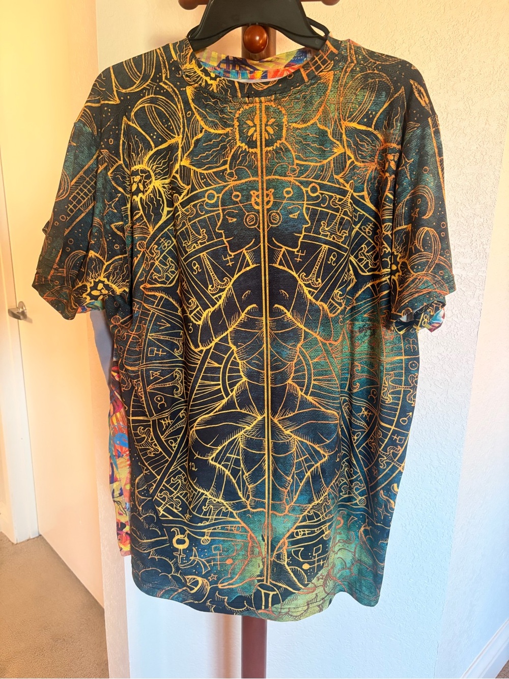 Mystic Zodiac Graphic Tee — Black with Gold & Teal Print XXL